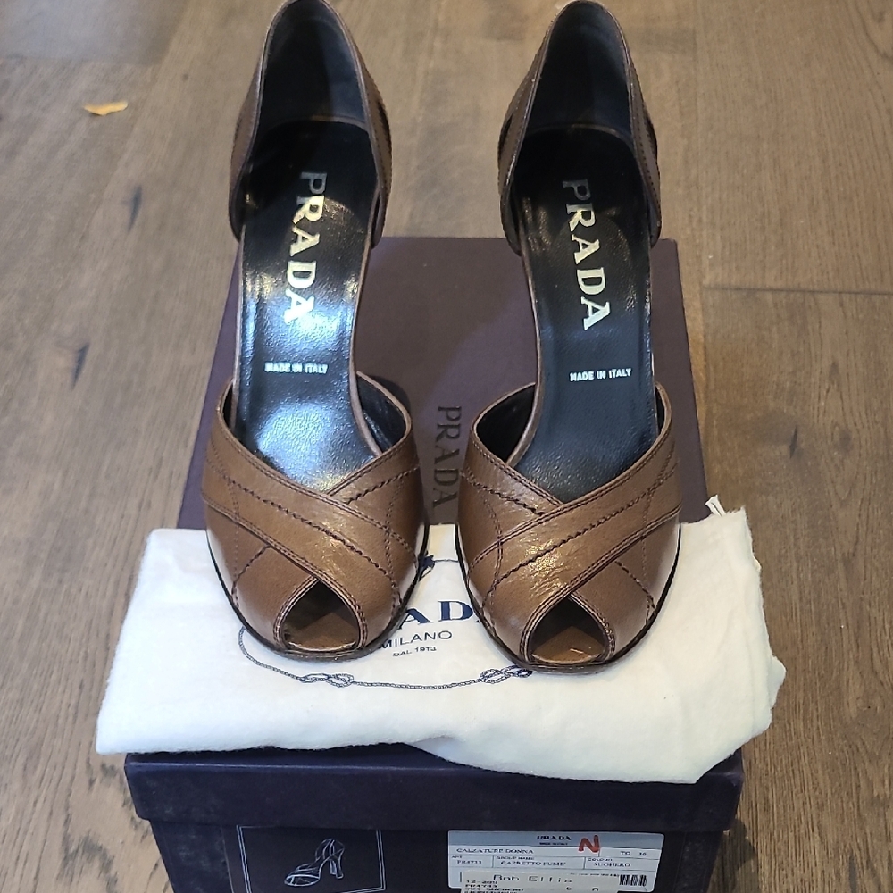 Prada Brown Leather Crisscross Heels